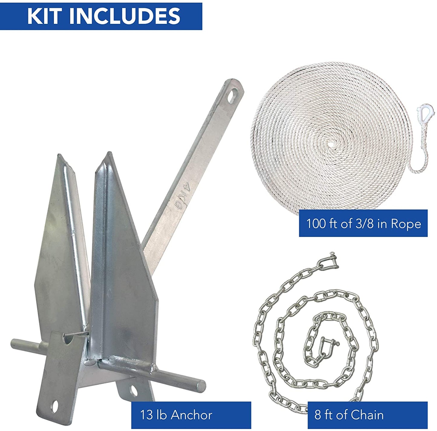 WindRider Boat Anchor Kits | Includes Galvanized Fluke Anchor, Rope, Shackles, Chain