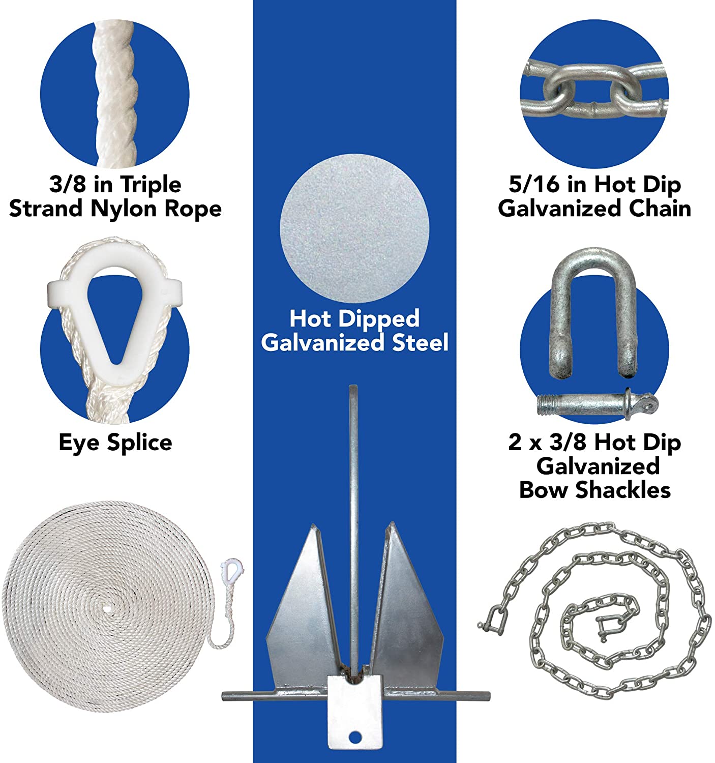 WindRider Boat Anchor Kits | Includes Galvanized Fluke Anchor, Rope, Shackles, Chain